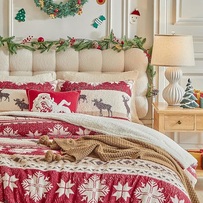 Christmas Sherpa Comforter Set Queen Size 3 Pieces Red Stripes Cream Snowflake Deer Holiday Winter Bedding Microfiber Warm Fleece Comforter with 2 Pillow Shams - Thanksgiving New Year Gift Choice