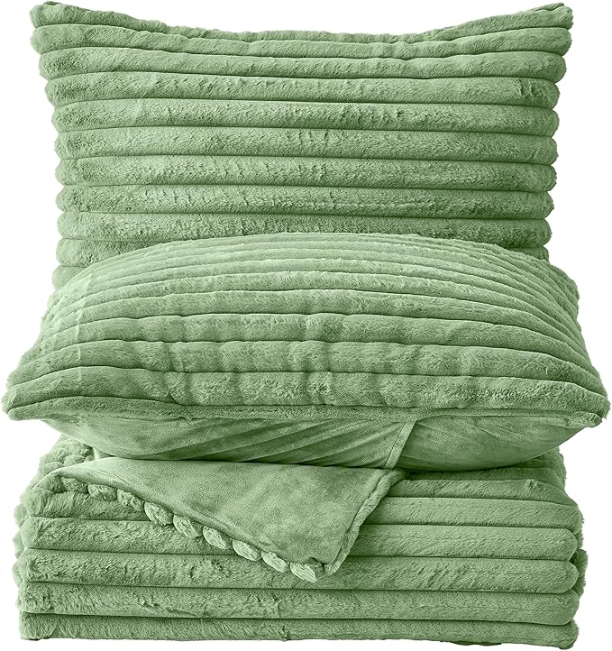Simple&Opulence Fluffy Faux Fur Comforter Set, Plush Fuzzy Minky Bedding Set, 3 Pieces Warm Soft Comforter Bedding Set for Winter - 1 Shaggy Comforter with 2 Pillow Shams(Queen, Striped - Green)
