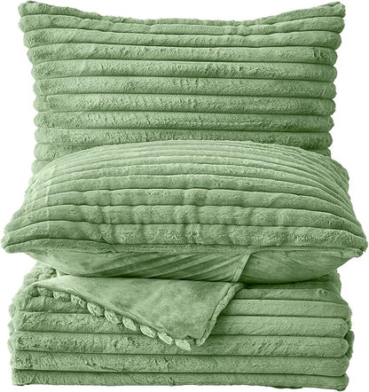 Simple&Opulence Fluffy Faux Fur Comforter Set, Plush Fuzzy Minky Bedding Set, 3 Pieces Warm Soft Comforter Bedding Set for Winter - 1 Shaggy Comforter with 2 Pillow Shams(Queen, Striped - Green)