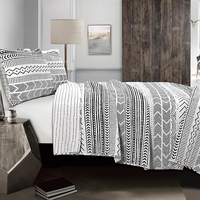 Lush Decor Hygge Geo Pattern Striped 3 Piece Quilt Bedding Set, Full/Queen, Black & White
