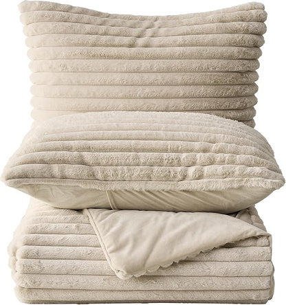 Simple&Opulence Fluffy Faux Fur Comforter Set, Plush Fuzzy Minky Bedding Set, 3 Pieces Warm Soft Comforter Bedding Set for Winter - 1 Shaggy Comforter with 2 Pillow Shams(Queen, Striped - Khaki)