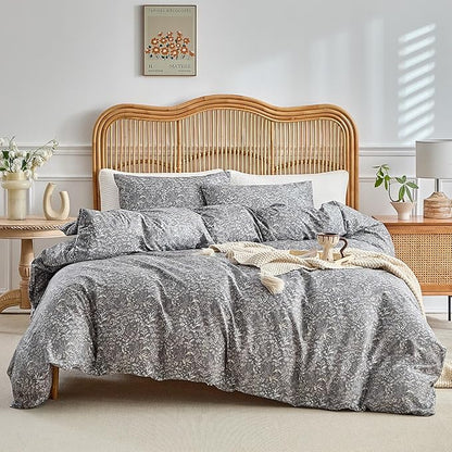 AMWAN Grey Floral Comforter Set Twin XL 3 Pieces, Botanical Bedding Set, 1 Comforter with 2 Pillowcases, Lightweight and Fluffy Comforter for Adults, Teens,All Seasons Aesthetic Comforter Set