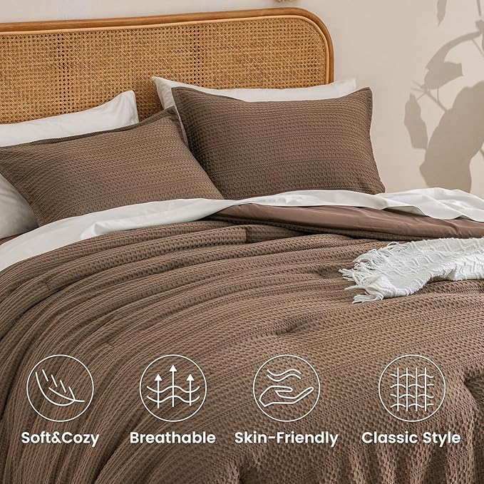 PHF Soft Waffle Comforter Set Twin Size- Comfy Breathable Waffle Weave Comforter with 1 Pillow Shams, 2 Pieces Less Snagging Lightweight Textured Bedding Set for All Season, Cocoa Brown