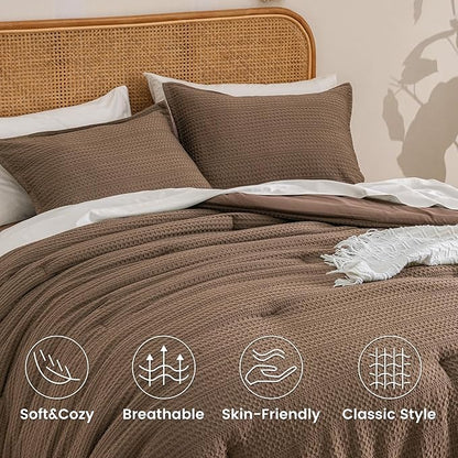 PHF Soft Waffle Comforter Set Twin Size- Comfy Breathable Waffle Weave Comforter with 1 Pillow Shams, 2 Pieces Less Snagging Lightweight Textured Bedding Set for All Season, Cocoa Brown
