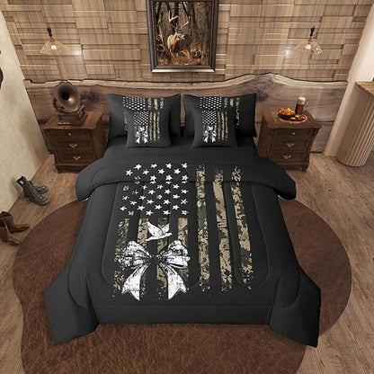 Erosebridal Bow King Comforter Set Camouflage 7-Piece Bed in A Bag Pigeons Birds Bowknot American Flag Sheets and Pillowcases Black White Green Bed Sets