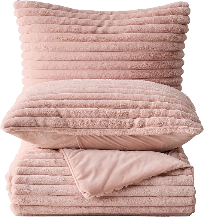 Simple&Opulence Fluffy Faux Fur Comforter Set, Plush Fuzzy Minky Bedding Set, 3 Pieces Warm Soft Comforter Bedding Set for Winter - 1 Shaggy Comforter with 2 Pillow Shams(King, Striped - Pink)