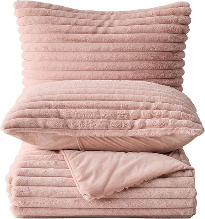 Simple&Opulence Fluffy Faux Fur Comforter Set, Plush Fuzzy Minky Bedding Set, 3 Pieces Warm Soft Comforter Bedding Set for Winter - 1 Shaggy Comforter with 2 Pillow Shams(King, Striped - Pink)