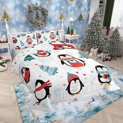 Christmas Tree 3 Pcs Queen Size Comforter Set,Winter Snowflake Happy Xmas Theme Down Alternative Adults Room Decor,Cartoon Penguin Ultra Soft Microfiber Inner Fill 3Pcs Bedding