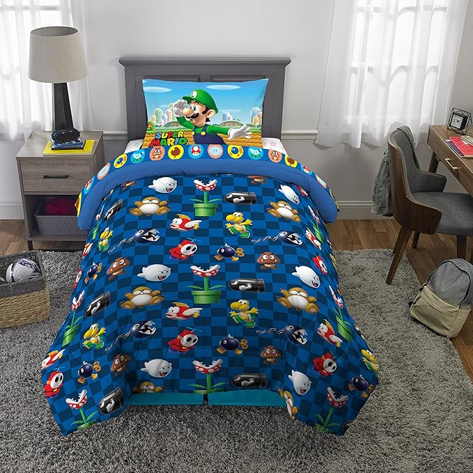 Super Mario Kids Twin Size Bedding, 4 Piece Super Soft Cozy Reversible Comforter and Sheet Set, (Officially Licensed Product) By Franco