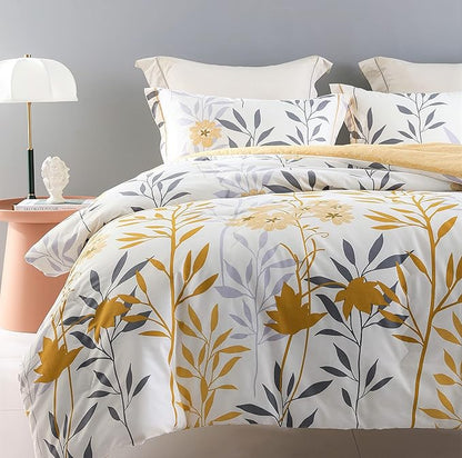 SLEEPBELLA Comforter Queen Size, 600 Thread Count Cotton Grey Branch with Yellow Flower & Grey Leaves Pattern Orange Reversible Comforter Set,Down Alternative Bedding Set 3Pcs(Queen, Yellow Botanical)