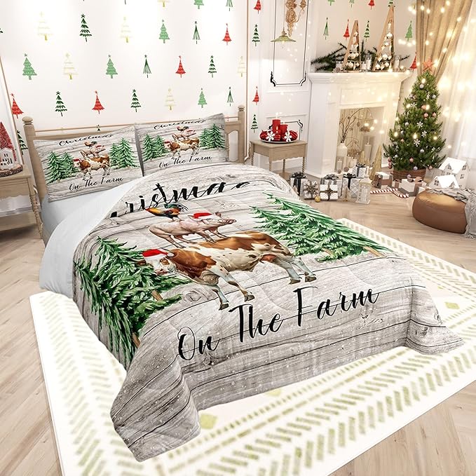 Christmas Farmhouse Twin Size Comforter Set,Xmas Pine Trees Snowflake Duvet Set Soft Bed Collection,Cartoon Cow Chicken Pig Bedding Comforter for Boys Girls Bedroom,2 Pcs