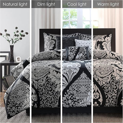 Madison Park Vienna Sateen Cotton Comforter Set, Breathable, Soft Cover, Trendy, All Season Down Alternative Cozy Bedding with Matching Shams, California King, Black 7 Piece