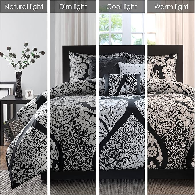 Madison Park Vienna Sateen Cotton Comforter Set, Breathable, Soft Cover, Trendy, All Season Down Alternative Cozy Bedding with Matching Shams, King, Black 7 Piece