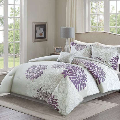 Comfort Spaces Enya Comforter Set-Modern Floral Design All Season Down Alternative Bedding, Matching Shams, Bedskirt, Decorative Pillows, Queen (90"x90"), Purple