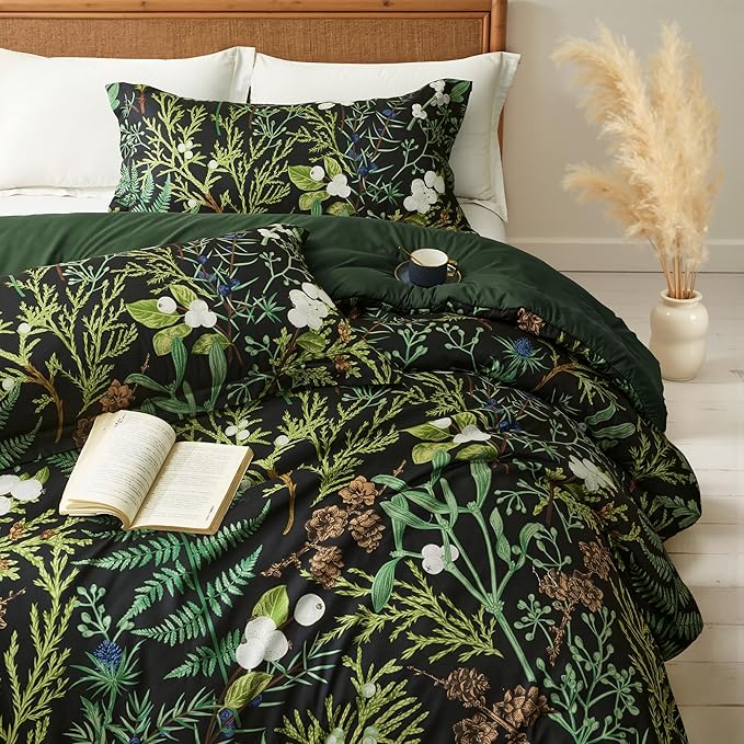 King Comforter Set - 3 Pieces Botanical Bedding Comforter Set, 1 Soft Green Plant Flowers Comforter (104"x90") and 2 Pillow Shams(20"x36") Ultra-Soft Comfort Suitable for All Seasons