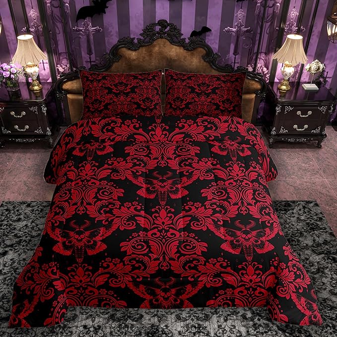 Feelyou Adults Red Vintage Damask Floral Comforter Set Oriental Antique Comforter Full Size Gothic Bohemia Boho Flower Bedding Set Gothic Skull Duvet Set Quilt Set 3Pcs