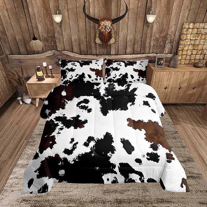 Feelyou Black Cow Fur Printed Comforter Set for Kids Boys Girls Western Cowboy Comforter Cowhide Pattern Bedding Set King Size Bedroom Decor Farm Animal Skin Duvet Set Quilt Set 3Pcs
