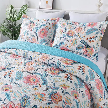 BEDIFANY Garden Cotton Filling Queen Size Quilt Set - Lightweight Bedspreads Queen Size (90 x 98 inch) with Colorful Floral Pattern - Farmhouse Queen Quilt Bedding Sets for Bed Coverlet, 3 Pieces