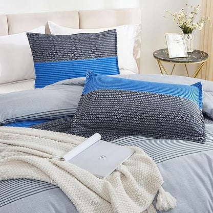 Litanika Bed Comforter Full Set Grey Blue, Striped Bedding Set, 3 Pieces Lightweight Soft All Season Down Alternative Comforter and 2 Pillowcases