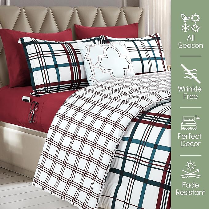 Elegant Comfort 8-Piece Lodge Plaid Reversible Comforter Set - All Season Bed in a Bag, 4-Piece Sheet Set Featuring Smart Pockets, Matching Shams and Decorative Pillow, Twin/Twin XL, Burgundy