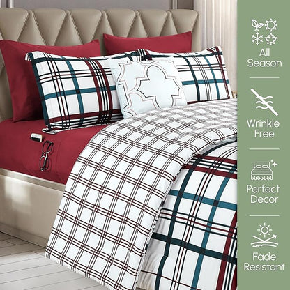 Elegant Comfort 8-Piece Lodge Plaid Reversible Comforter Set - All Season Bed in a Bag, 4-Piece Sheet Set Featuring Smart Pockets, Matching Shams and Decorative Pillow, King/California King, Burgundy