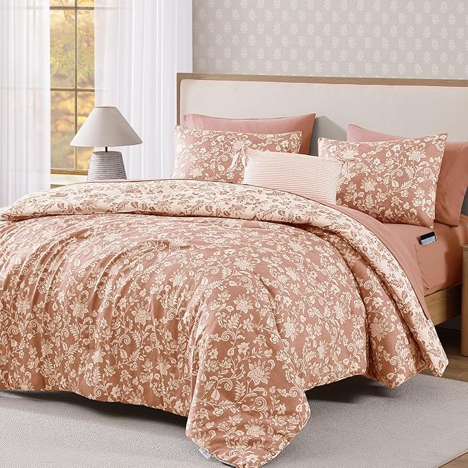 Twin XL Comforter Set -5 Pieces Floral Clay Pink Bedding Set for All Seasons, Bed in a Bag with Botanical Flowers Comforter, Sheets, Pillowcase & Sham