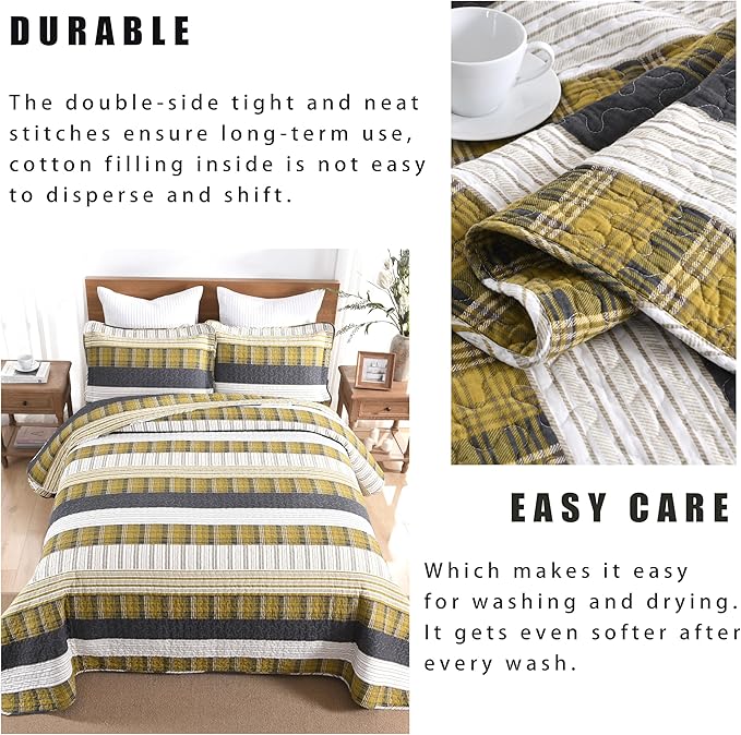 Homzard King Comforter，Cotton King Size Quilt，Amber Green Black Bedding Set，Plaid Striped Bedspread，Lightweight Reversible Coverlet 3 Pieces