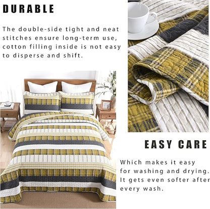 Homzard King Comforter，Cotton King Size Quilt，Amber Green Black Bedding Set，Plaid Striped Bedspread，Lightweight Reversible Coverlet 3 Pieces