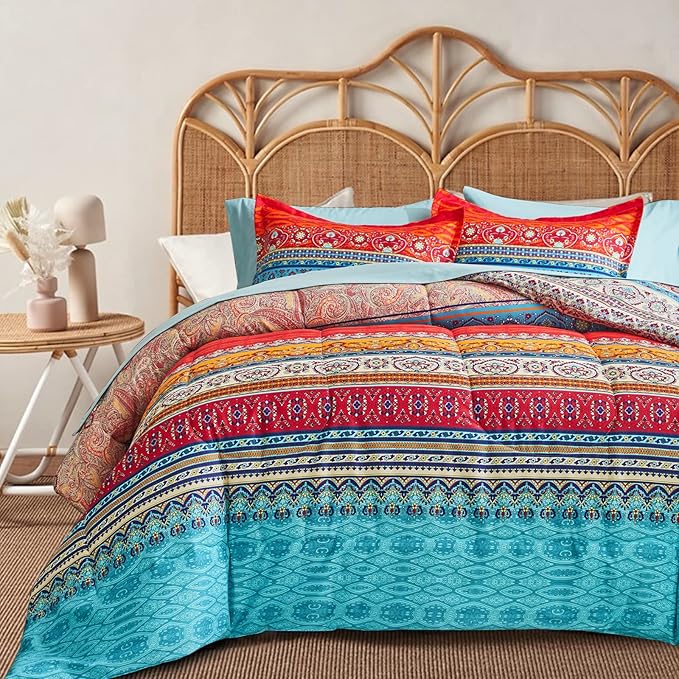 Flysheep Boho Striped Bed in a Bag 7 Pieces King Size, Colorful Bohemian Tribal Teal Blue Red Reversible Bed Comforter Set(1 Comforter, 1 Flat Sheet, 1 Fitted Sheet, 2 Pillow Shams, 2 Pillowcases)