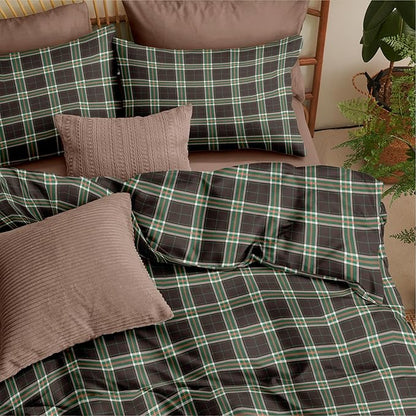 Nayoroom Plaid Comforter Set Queen Size Vintage Green Brown Gingham Checkered Tartan Comforter 3 Pieces Soft Lightweight Farmhouse Dorm Bedding Set for All Seasons