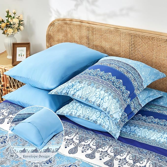 Boho Queen Comforter Set Blue - 7 Pieces Bed in a Bag Floral Striped Comforter and Sheet Set, Soft Microfiber Bohemian Bedding Sets Queen Size for All Season (Blue,Queen)
