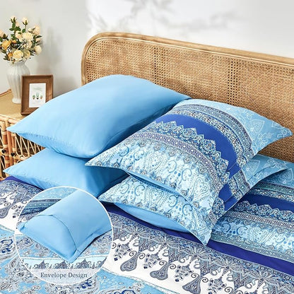 Boho Queen Comforter Set Blue - 7 Pieces Bed in a Bag Floral Striped Comforter and Sheet Set, Soft Microfiber Bohemian Bedding Sets Queen Size for All Season (Blue,Queen)