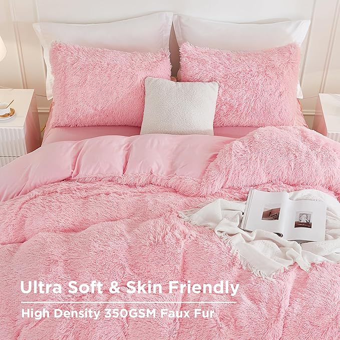 Andency Pink Comforter Full Size, 3 Pieces Fluffy Faux Fur Warm Soft Fuzzy Plush Bedding Comforter Set, Puffy Comfy Down Alternative Comforter Blanket Set
