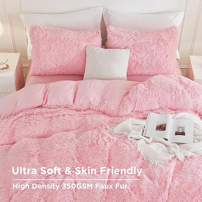 Andency Pink Comforter Full Size, 3 Pieces Fluffy Faux Fur Warm Soft Fuzzy Plush Bedding Comforter Set, Puffy Comfy Down Alternative Comforter Blanket Set
