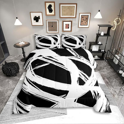 Erosebridal White and Black Striped King Bedding Set for Kids Teens Adults, Geometric Striped Comforter Set for Minimalists,Graffiti Aesthetic Lines Duvet Insert,Contemporary Boho Modern Art Quilt
