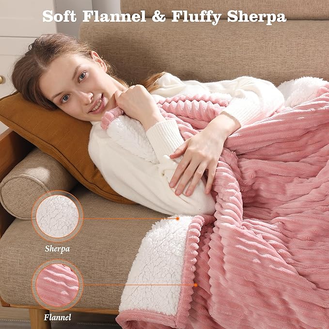 Heated Blanket Electric Throw 50"x60" Heating Blanket 450gsm Ribbed Flannel Sherpa Ultra-Soft with 5 Heating Levels and 4 Hour Auto Off, ETL & FCC Certified Electric Blanket, Great Winter Gift, Pink
