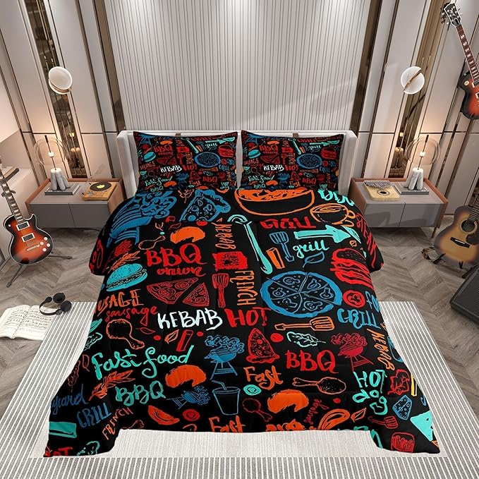 Castle Fairy Colorful Hand Drawn Line Art 3 Pcs King Size Comforter Set,Delicious Food Down Alternative Adults Bedroom Decor,Barbecue Theme Ultra Soft Microfiber Inner Fill 3Pcs Bedding