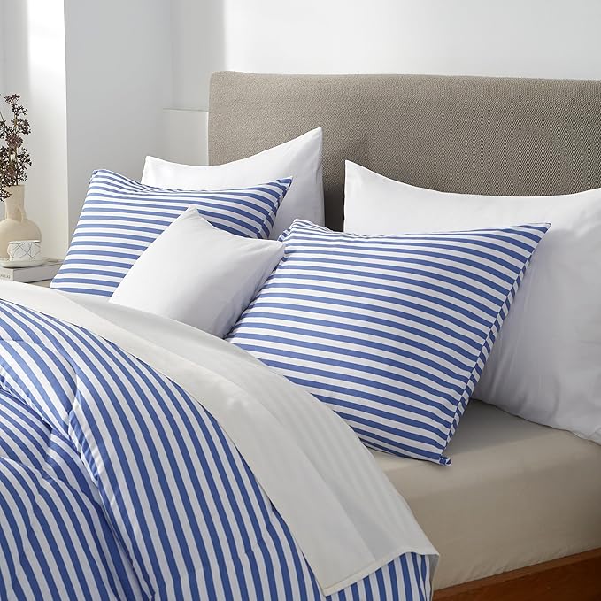 mixinni Striped Comforter Set Queen Size - Blue Stripes Pattern Bed Set for All Season, 3 Pieces Lightweight Bedding Comforter Sets for All Seasons (1 Soft Fluffy Comforter + 2 Pillowcases)