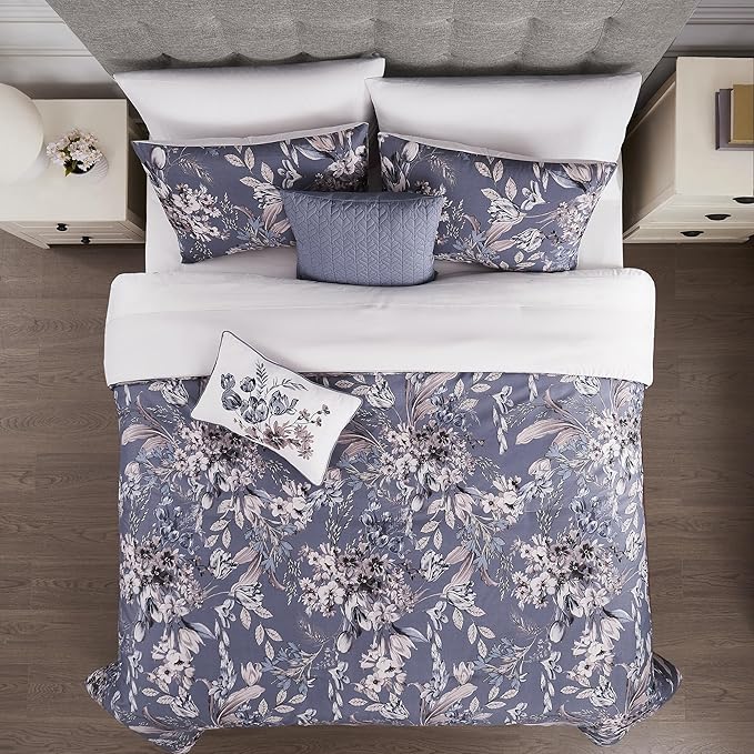 Modern Threads 5-Piece Printed Comforter Set, Thea King in Silver Purple – Soft Comforter, 2 Pillow Shams, and 2 Decorative Pillows