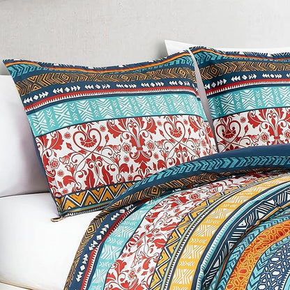 Chezmoi Collection Amara 3-Piece Boho Stripe Queen Comforter Set - Floral Colorful Bohemian Printed Microfiber Lightweight Bedding Set