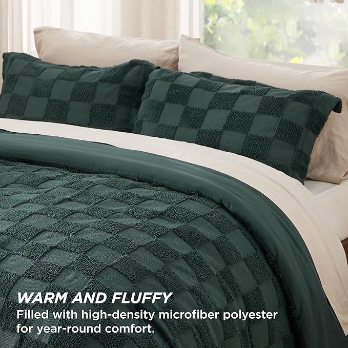 Bedsure King Size Comforter Set Emerald, Boho Tufted Bed Set, Checkered Farmhouse Shabby Chic Bedding, 3 Pieces, 1 Plaid Geometric Comforter and 2 Pillow Shams