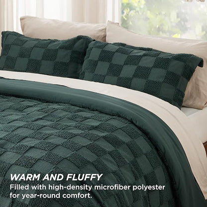 Bedsure King Size Comforter Set Emerald, Boho Tufted Bed Set, Checkered Farmhouse Shabby Chic Bedding, 3 Pieces, 1 Plaid Geometric Comforter and 2 Pillow Shams