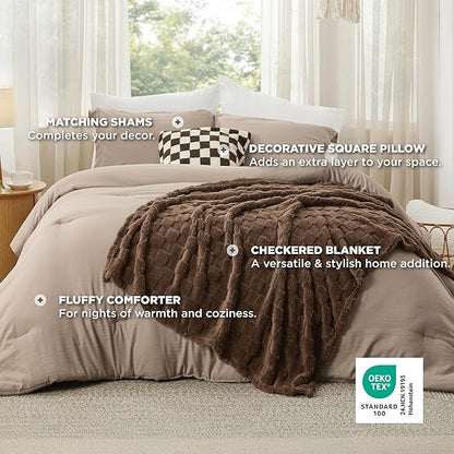 Bedsure Comforter Full Size 5 Pieces - Full Size Comforter Set with Checkered Throw Blanket and Decorative Pillow, Lightweiget Bedding, All Season Bedding Sets, Light Camel