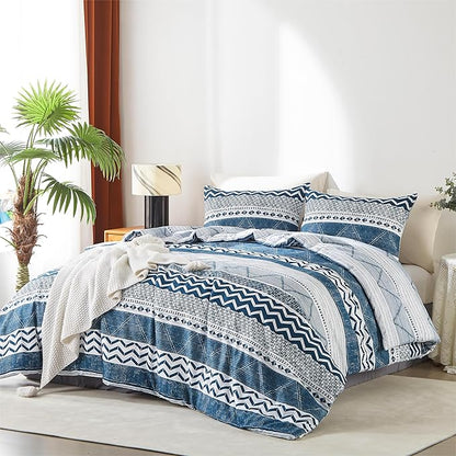 BOLINLIVING Comforter Set Queen Size, Boho Bed in a Bag 3 Pieces, Queen Soft Bohomian Comforter Set, Lightweight Breathable for All Seasons,1 Comforter & 2 Pillowcases (Blue 90×90 inch)
