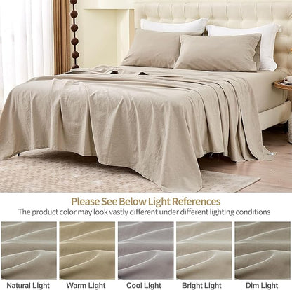 Simple&Opulence Belgian Linen Sheet Set Solid Color - Sheet Set 4PC - Cal King Natural Flax Cotton Blend Soft Bedding Breathable Farmhouse - Khaki, California King