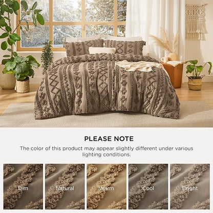 Bedsure Tufted Boho Comforter Set Queen Size - Light Brown Boho Bed Set, GentleSoft™ 3 Pieces Farmhouse Shabby Chic Embroidery Bedding, Gifts for Woman, Jacquard Queen Comforter for All Seasons