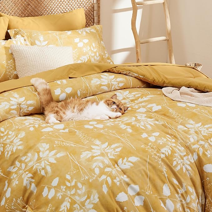 Bedsure King Size Comforter Set - 7 Pieces Floral Yellow Soft Bedding Sets, King Bed in a Bag with Botanical Flowers Comforter, Sheets, Pillowcases & Shams
