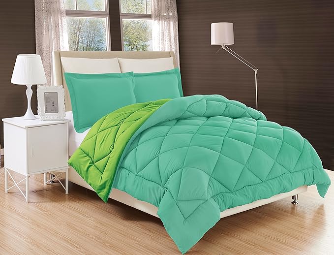 Elegant Comfort Goose Down Alternative -Diamond-Stitched- Quilted 3-Piece Reversible Comforter Set/Duvet Insert Soft Bedding-Medium Warmth for All Seasons, King, Aqua/Lime