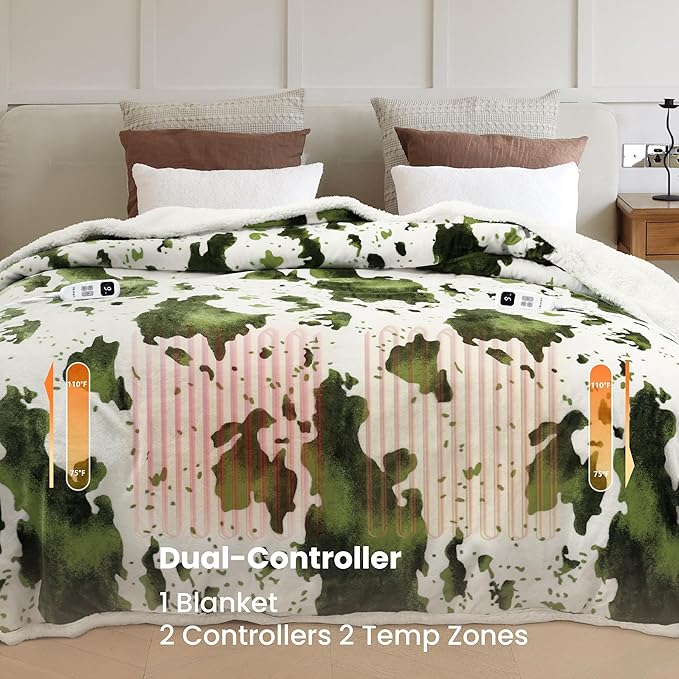 Cow Print Electric Heated Blanket Queen-Dual Control Heating Blanket Queen Size with 10 Heat Levels & 10 Hours Auto-Off, Cozy Soft Fleece Sherpa, Washable, 84x90 Inche Cow Print Sage