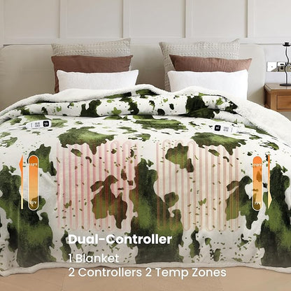 Cow Print Heated Electric Blanket King Size-Dual Control Heating Blanket King Size with 10 Heat Levels & 10 Hours Auto-Off, Cozy Soft Fleece Sherpa, Washable, 90x100 Inche Cow Print Sage